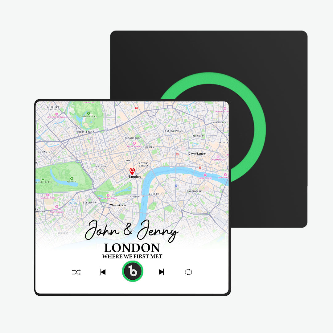 Detailed view of the framed custom map and crisp personalised text on the FridgeBeats music fridge magnet — high-resolution customisation