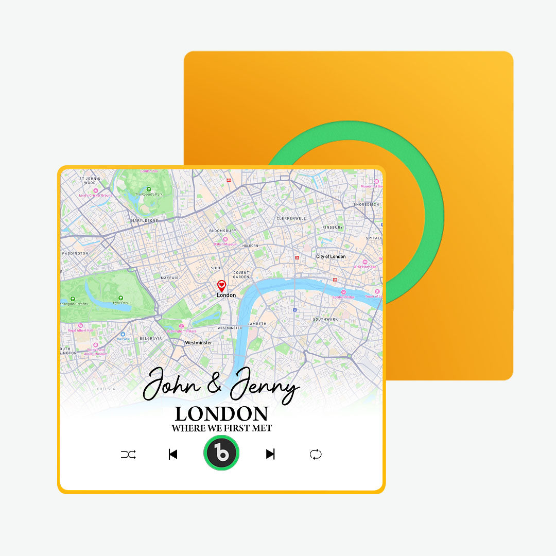 Close-up of personalised acrylic music fridge magnet highlighting engraved names and custom map — waterproof, durable and non-toxic