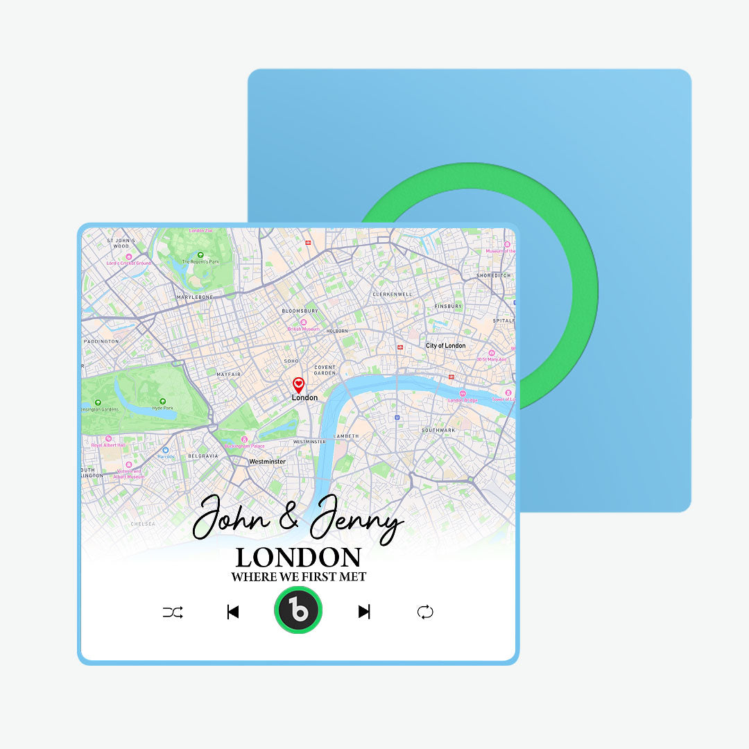 Detailed view of the framed custom map and crisp personalised text on the FridgeBeats music fridge magnet — high-resolution customisation