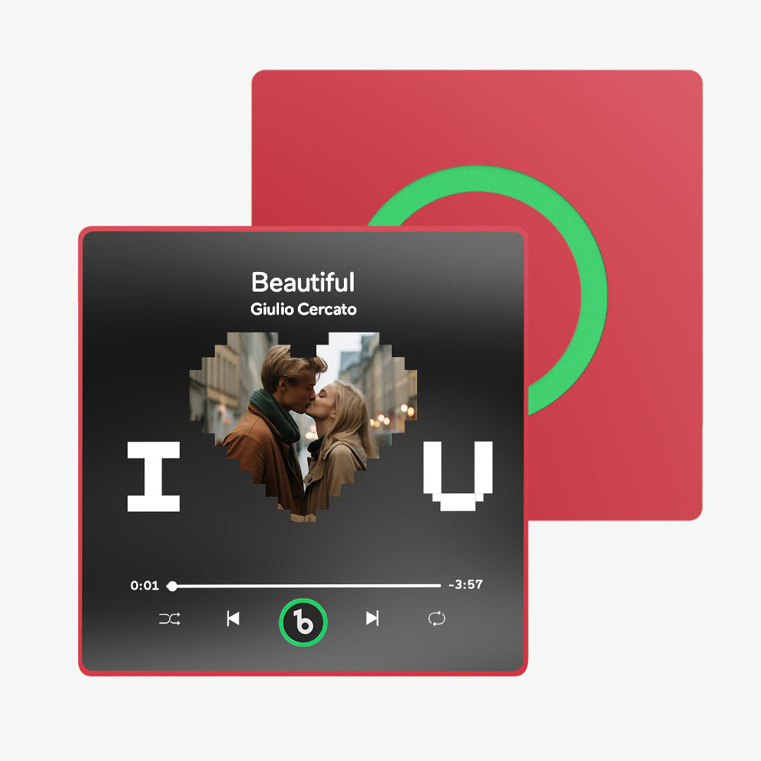 Customisation example for FridgeBeats personalised music magnet — upload a high-resolution photo and favourite song to create a framed custom photo magnet