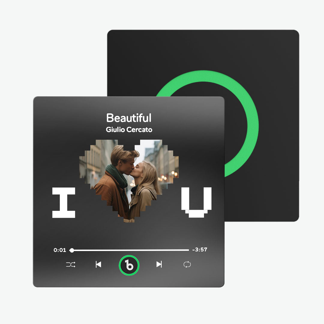 FridgeBeats music fridge magnet attached to a stainless‑steel fridge playing a favourite song – personalised, waterproof and durable