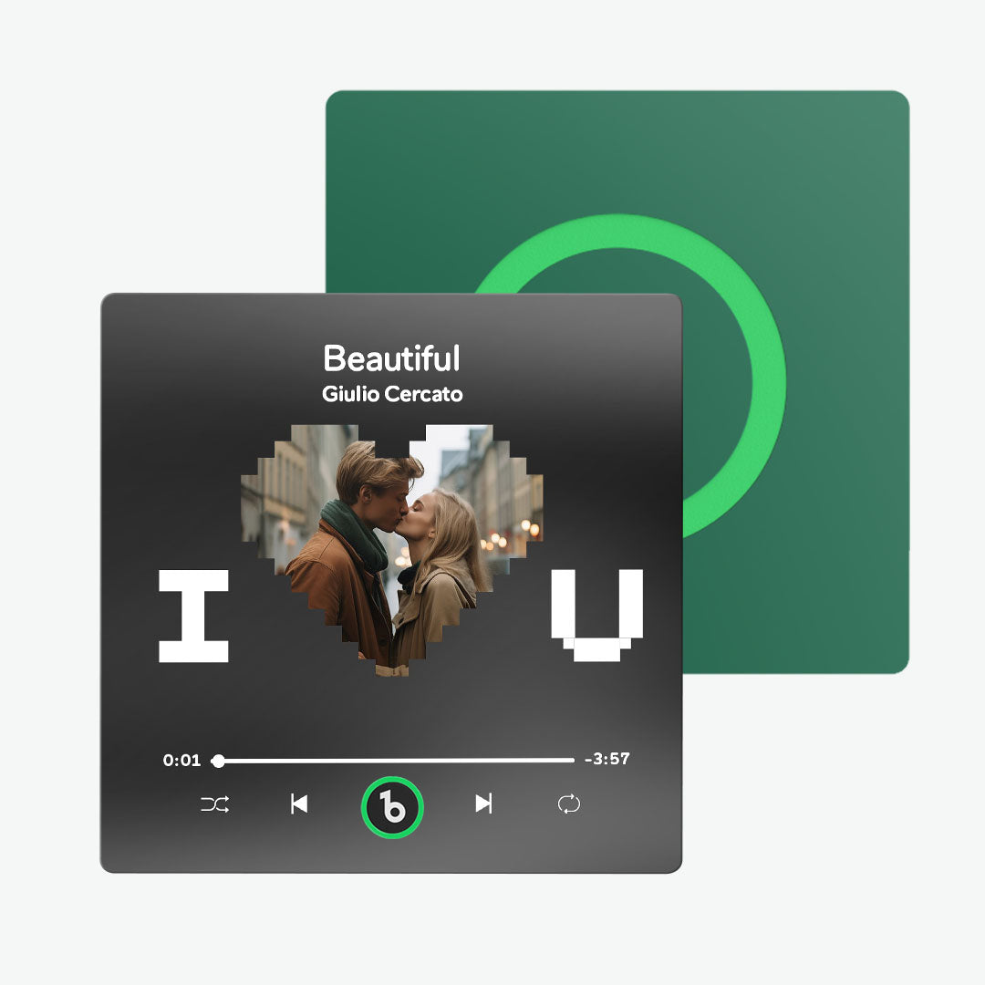 Person tapping FridgeBeats frameless photo music magnet to play a chosen song – easy music change without disassembly