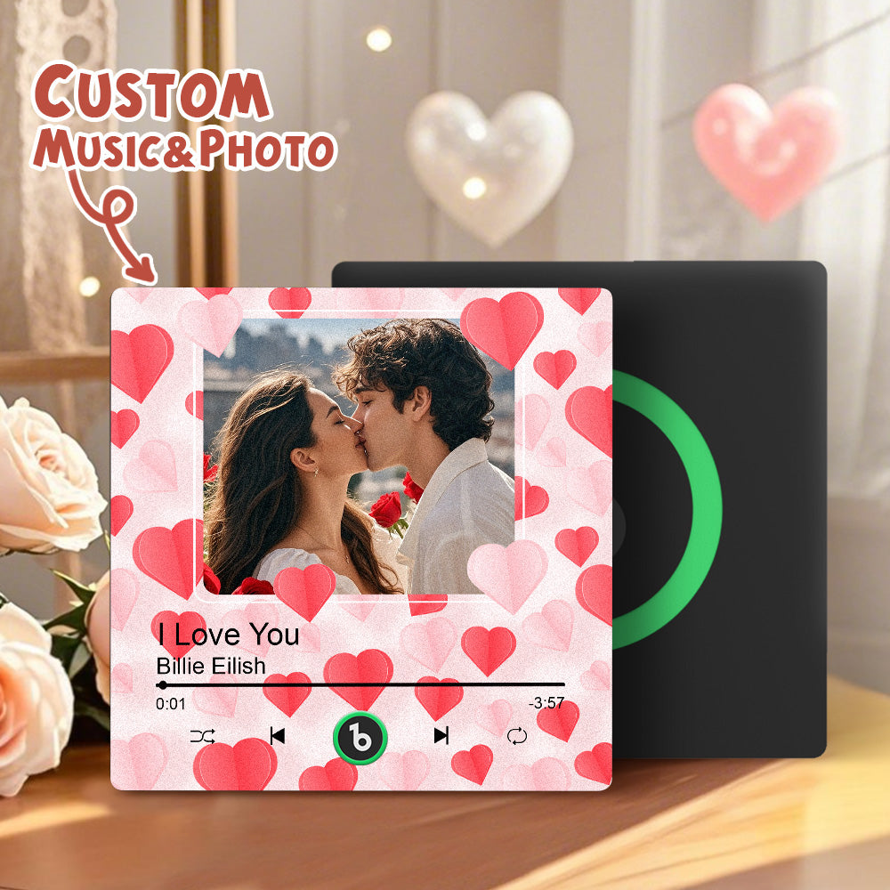 Hearts music fridge magnet displayed on a stainless fridge door, showing the personalised photo and compact 10cm size – music fridge magnet sticker