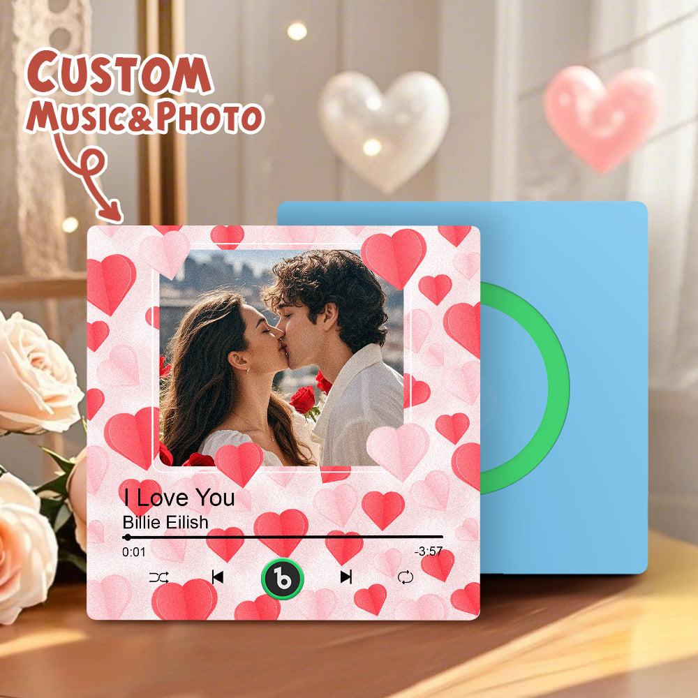 Close-up of frameless custom photo magnet showing printed couple portrait and heart detail – personalised music fridge magnet sticker