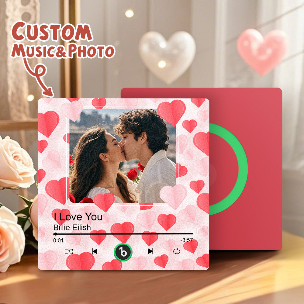 Durable, waterproof acrylic personalised music fridge magnet shown in a kitchen setting demonstrating everyday use – hearts music fridge magnet