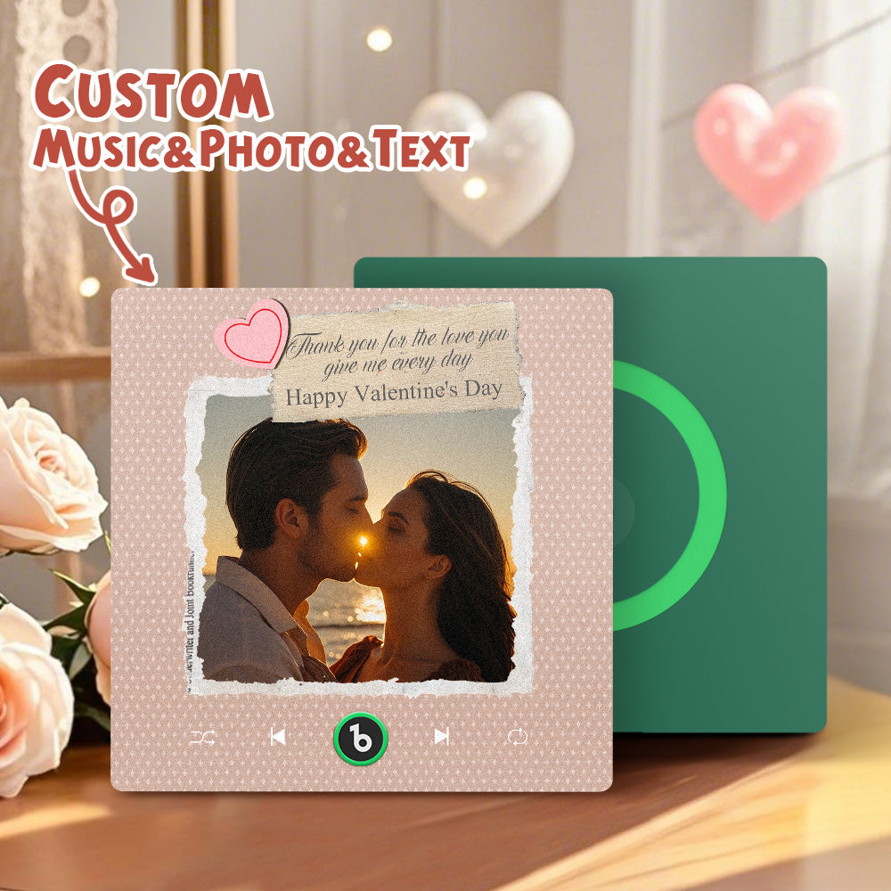 Size comparison with ruler showing 10cm × 10cm × 1cm frameless heart music magnet — compact personalised photo keepsake