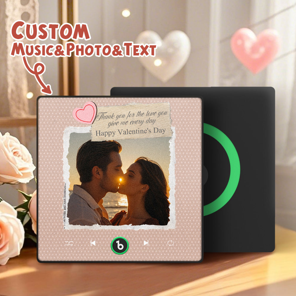 Close-up of FridgeBeats Heart Frame 4.0 vibrant colour border and clear acrylic finish with personalised text and photo detail