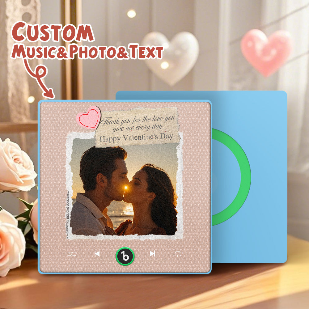 Side profile of FridgeBeats Heart Frame 4.0 highlighting 1cm acrylic thickness, tactile play button and durable construction of the personalised music magnet