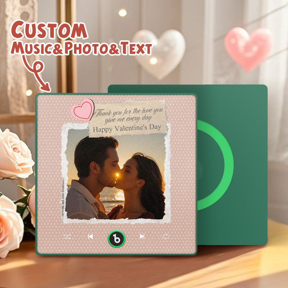 Side profile of FridgeBeats Heart Frame 4.0 highlighting 1cm acrylic thickness, tactile play button and durable construction of the personalised music magnet