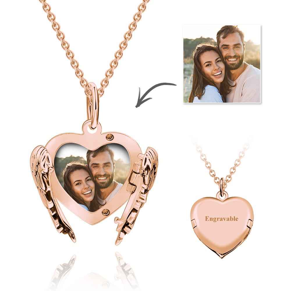 Cutsom Angel Wings Heart Locket Necklace with Engraving