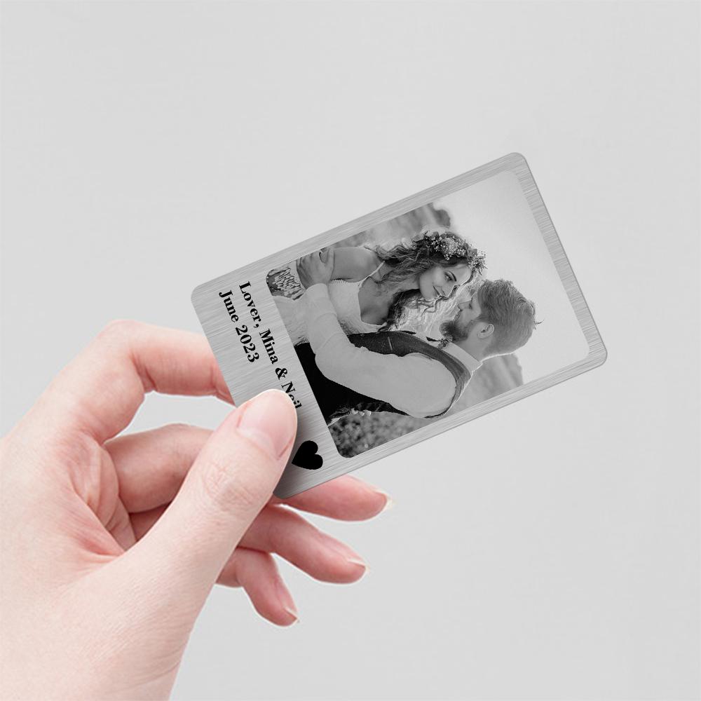 Collection of personalised metal wallet cards showing different custom photos and engraving examples — perfect keepsakes