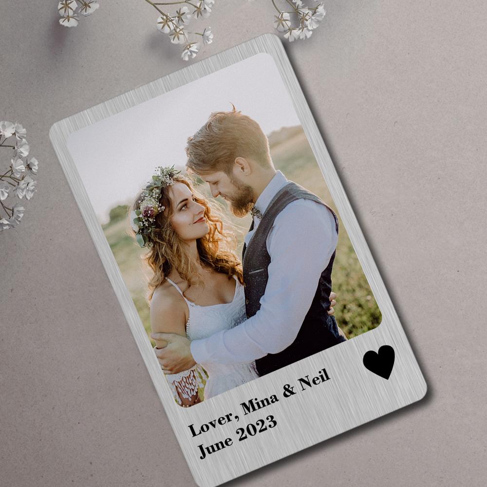 Detailed view of laser-quality photo transfer on personalised stainless steel wallet card — high resolution custom photo