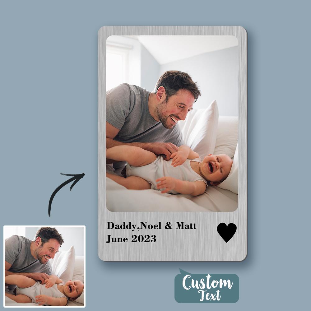 Personalised metal wallet card dimensions 5.4cm × 8.6cm with 4.77cm × 6.36cm Polaroid-style photo area — stainless steel