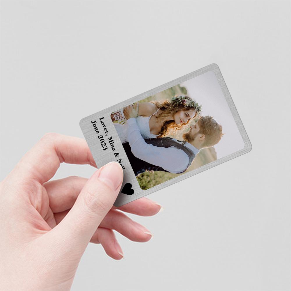 Personalised stainless steel wallet card slipped into a purse pocket — everyday custom photo keepsake gift