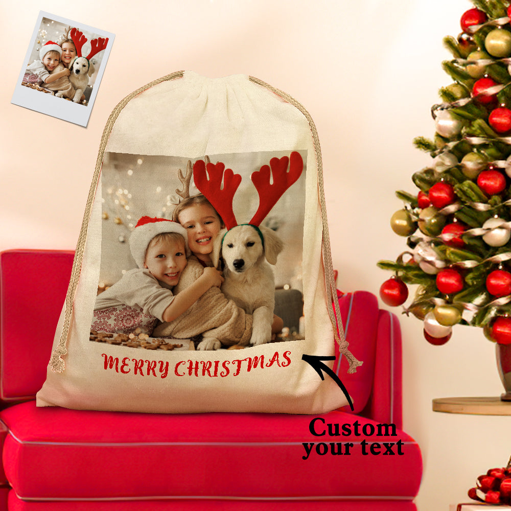 Personalised Santa sack with printed name and photo – large 27 x 18 inch drawstring Christmas gift bag and festive keepsake
