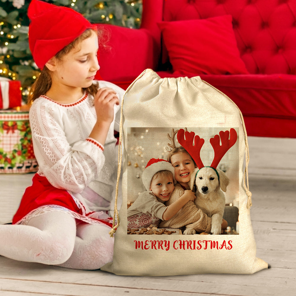 Drawstring closure detail on personalised photo Santa sack keeping gifts secure, large capacity Christmas storage and reusable gift bag