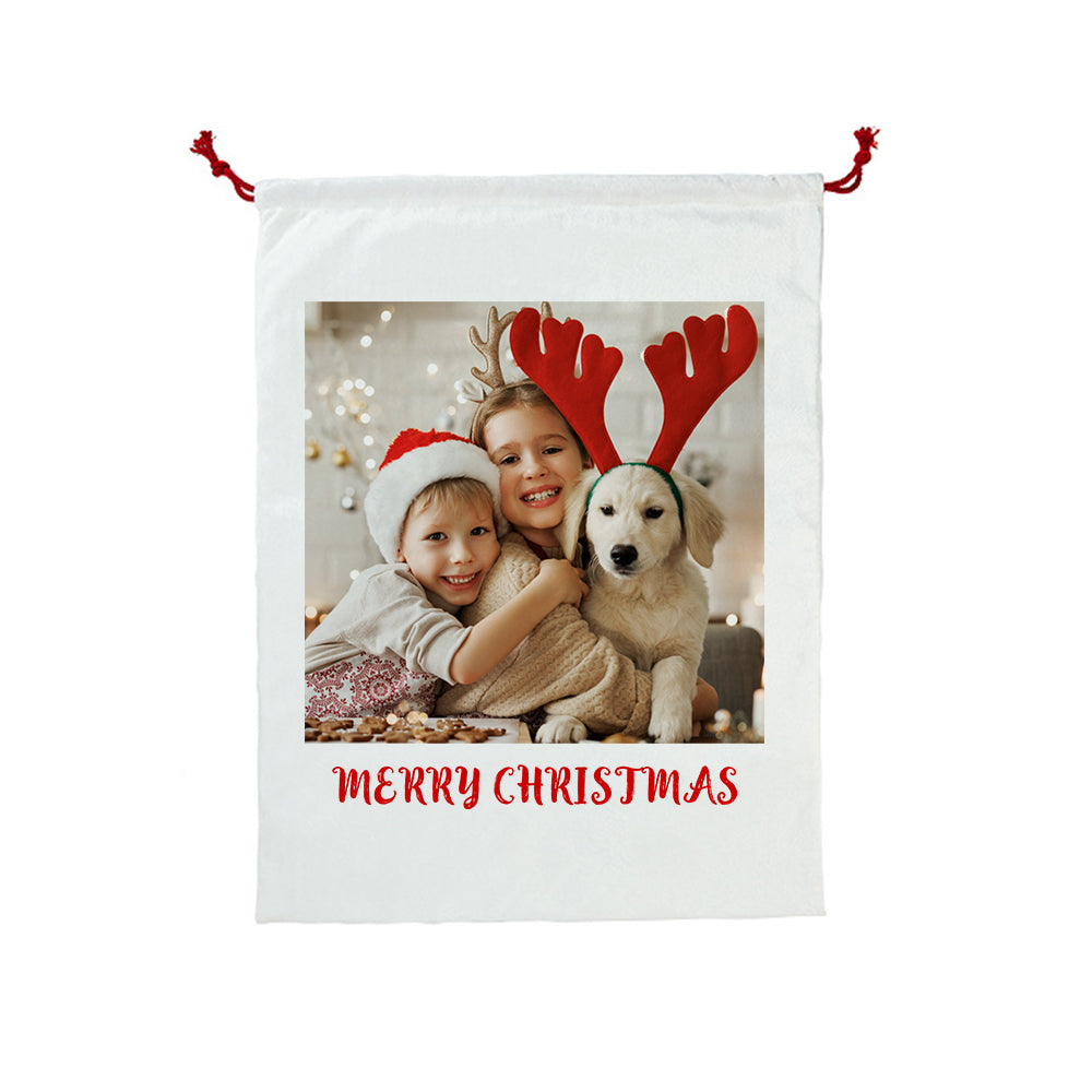 Personalised Photo Santa Sack hung on a mantelpiece, large customised Christmas gift bag in 69 x 46 cm size
