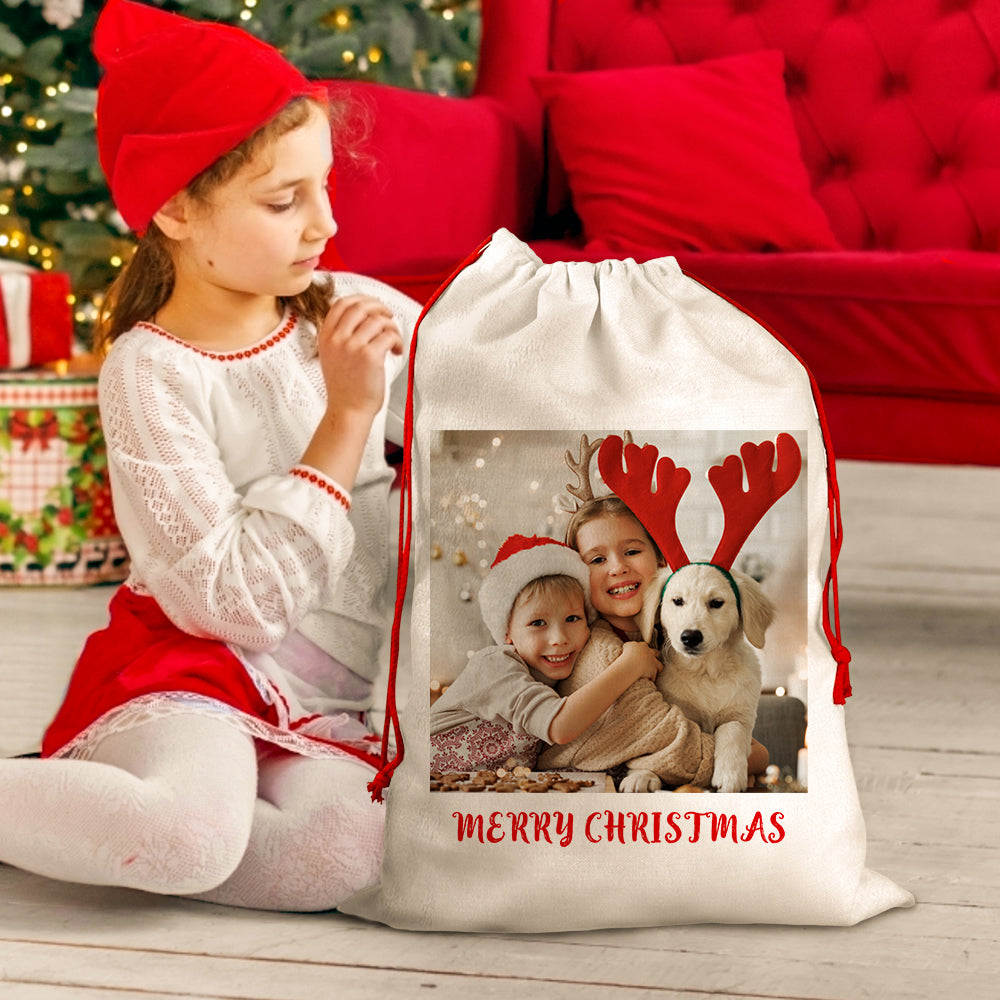 Personalised Photo Santa Sack – large drawstring Christmas gift bag with custom family photo, 27 x 18 inch festive present bag
