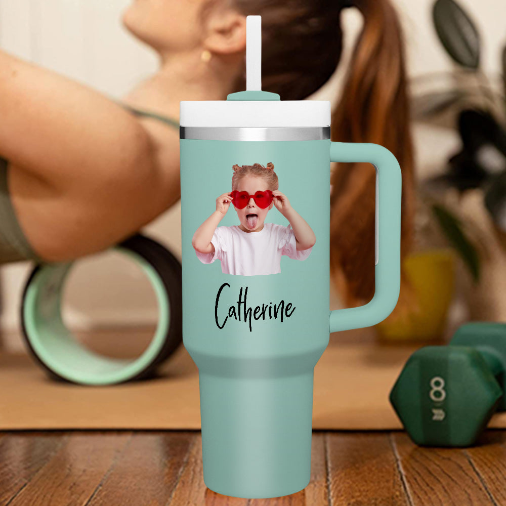 Personalised 40oz Stainless Steel Mug with Handle & Straw - Custom Text Travel Cup Gift