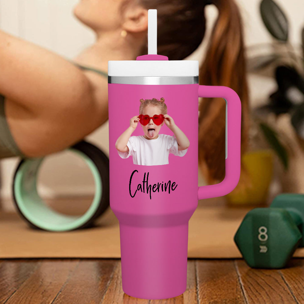 Personalised 40oz Stainless Steel Mug with Handle & Straw - Custom Text Travel Cup Gift