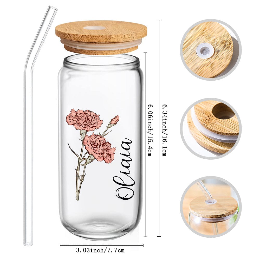 Personalised Name Can Glass with Colourful Birth Flower - Custom 19oz Gift