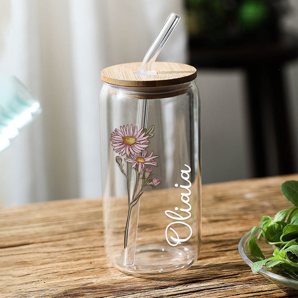 Personalised Name Can Glass with Colourful Birth Flower - Custom 19oz Gift