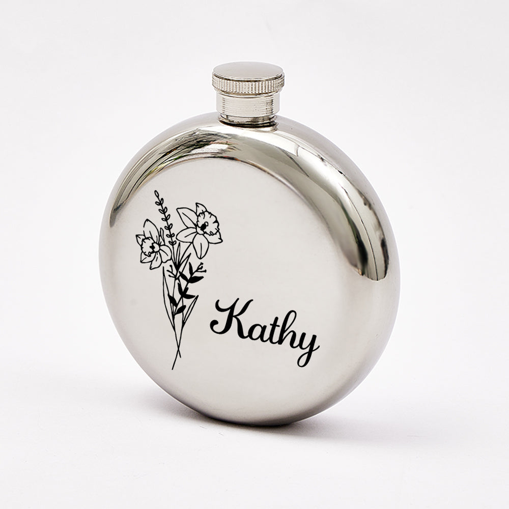 Personalised Name Flask with Birth Flower - Custom Bridesmaid Gift