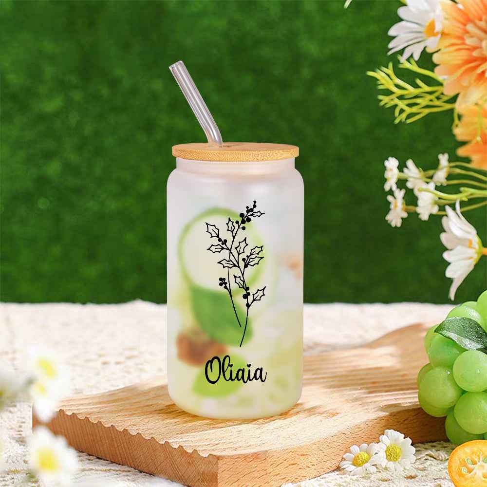 Personalized Name Frosted Can Glass with Birth Flower Custom Can Glass with Straw Gift for Mother Friends Family Bridesmaid