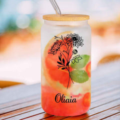 Personalized Name Frosted Can Glass with Birth Flower Custom Can Glass with Straw Gift for Mother Friends Family Bridesmaid