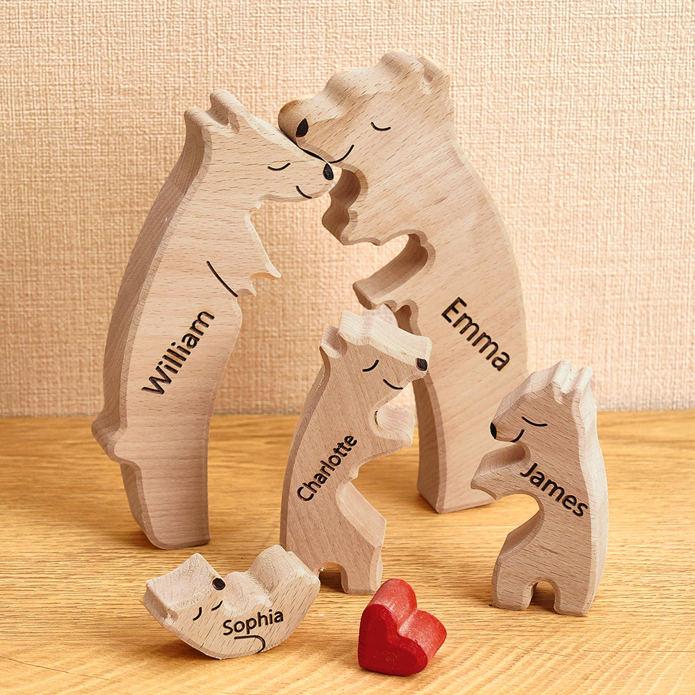 Assembled engraved wooden family bear puzzle on shelf, personalised name ornament and sentimental keepsake for housewarming