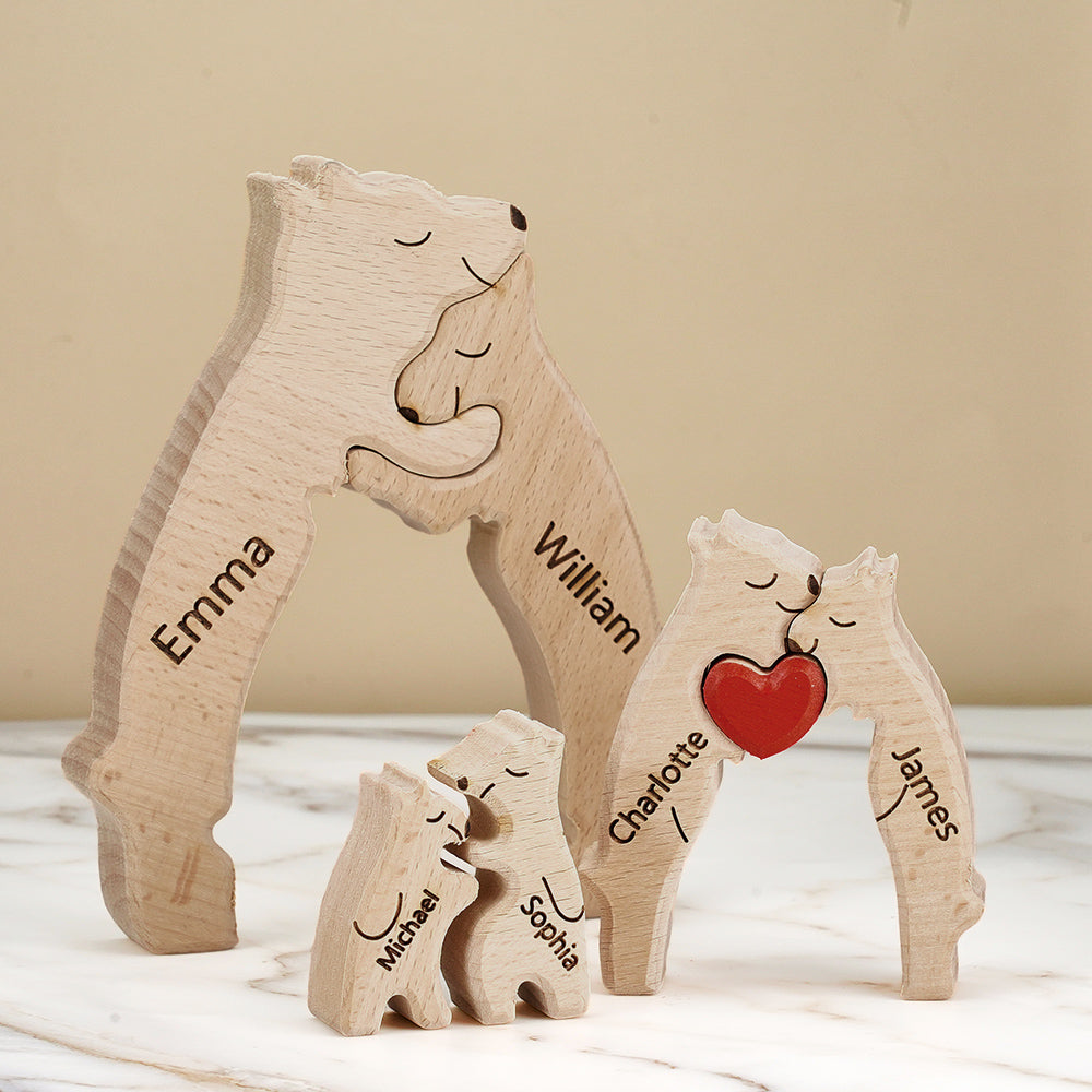 Side view showing 2 cm thickness and non-toxic finish of personalised wooden family bear puzzle — durable engraved keepsake