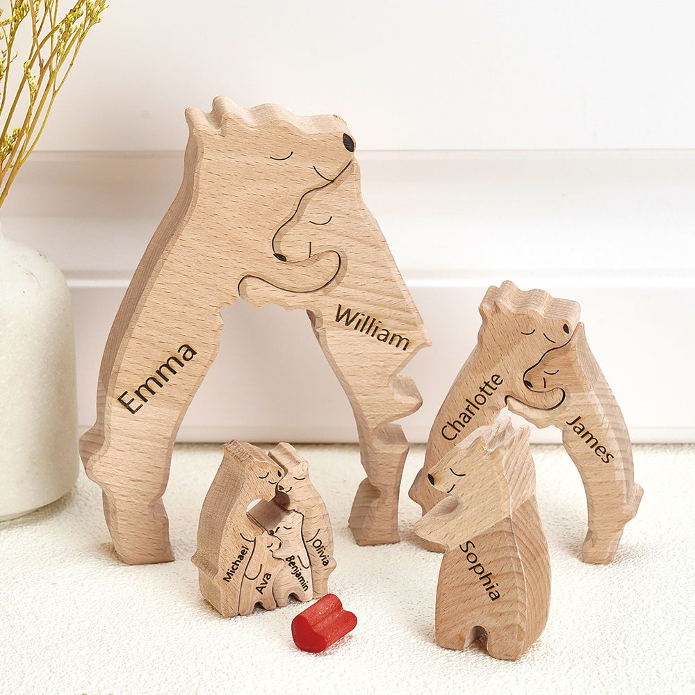 Lifestyle image of personalised wooden bear keepsake on mantelpiece — engraved family ornament and bespoke personalised name gift