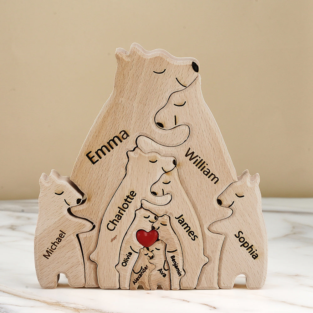 Engraved quote and names on personalised wooden family bear puzzle — bespoke engraved bear ornament and meaningful keepsake