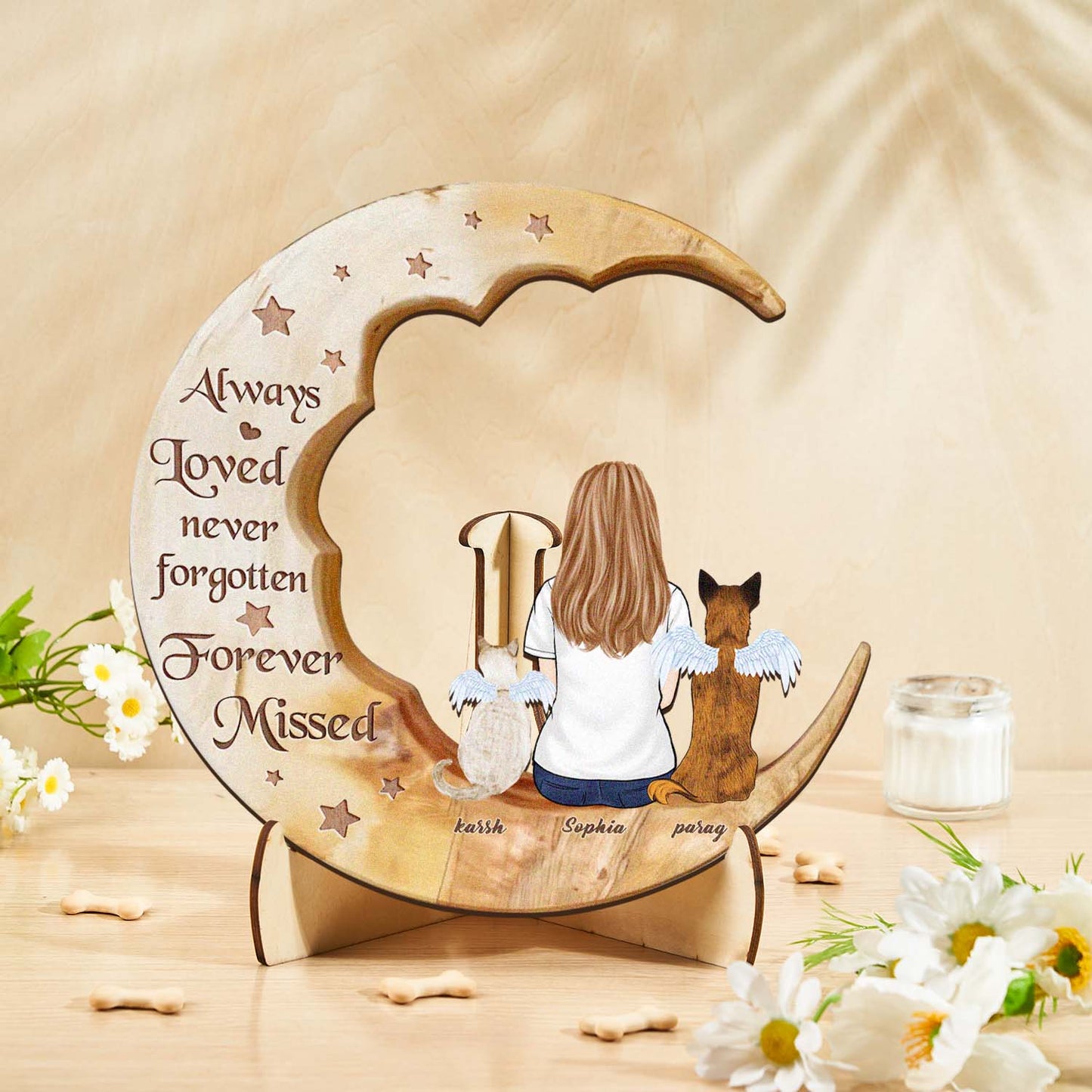 Personalised Memorial Dog Moon Wooden Art - Custom Pet Gift & Home Decoration