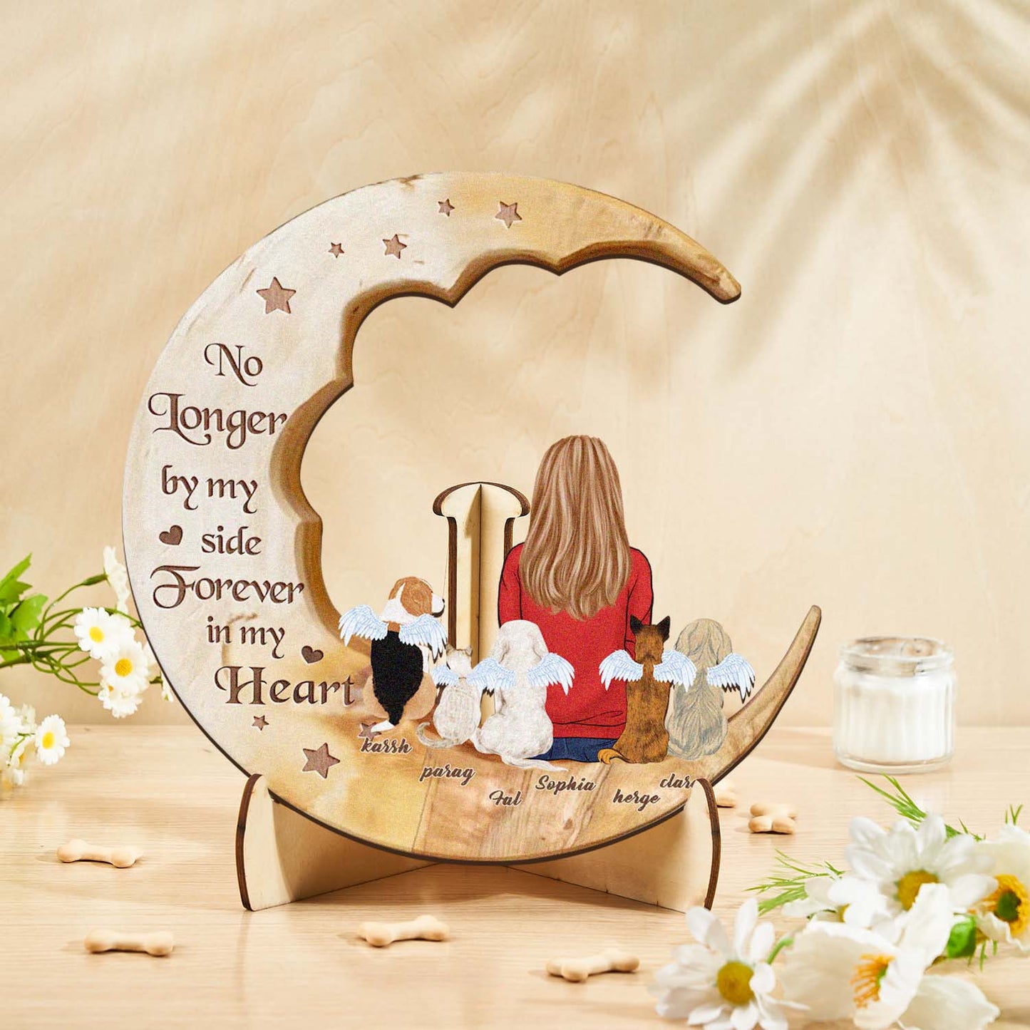 Personalised Memorial Dog Moon Wooden Art - Custom Pet Gift & Home Decoration
