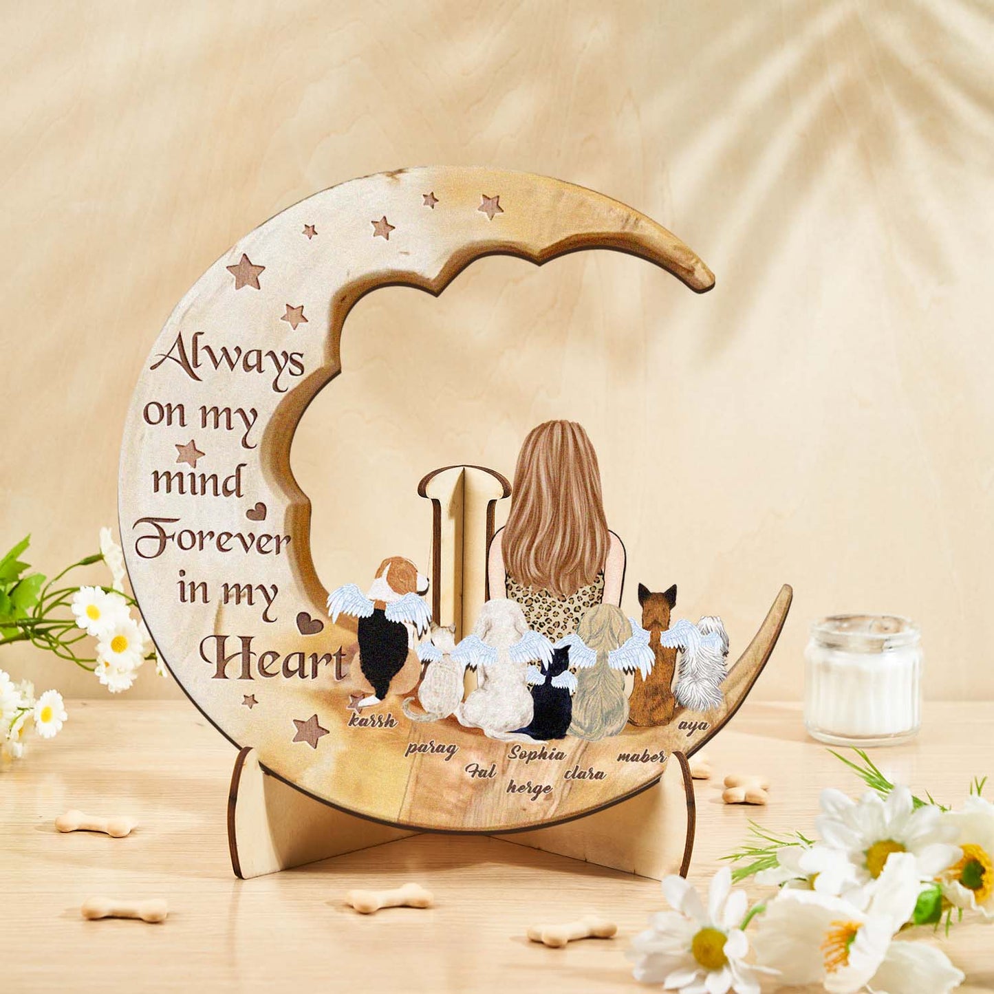 Personalised Memorial Dog Moon Wooden Art - Custom Pet Gift & Home Decoration