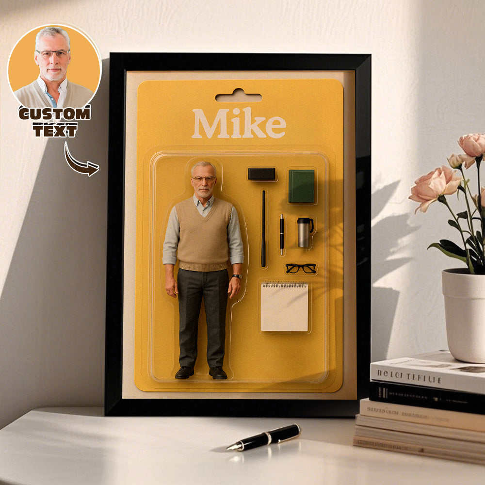 Fully personalised full-body mini figure portrait displayed in a premium wooden display box with nostalgic toy-packaging artwork; based on your favourite photo, with a custom head and optional nameplate.