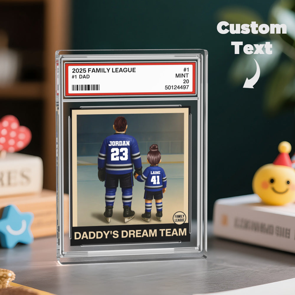 Front-facing view of the personalised hockey plaque with 'No.1 Dad' text in a trading card frame.