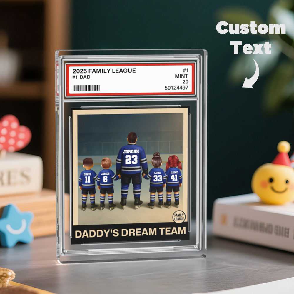 Front-angle view emphasising the trading card style layout and No.1 Dad message.