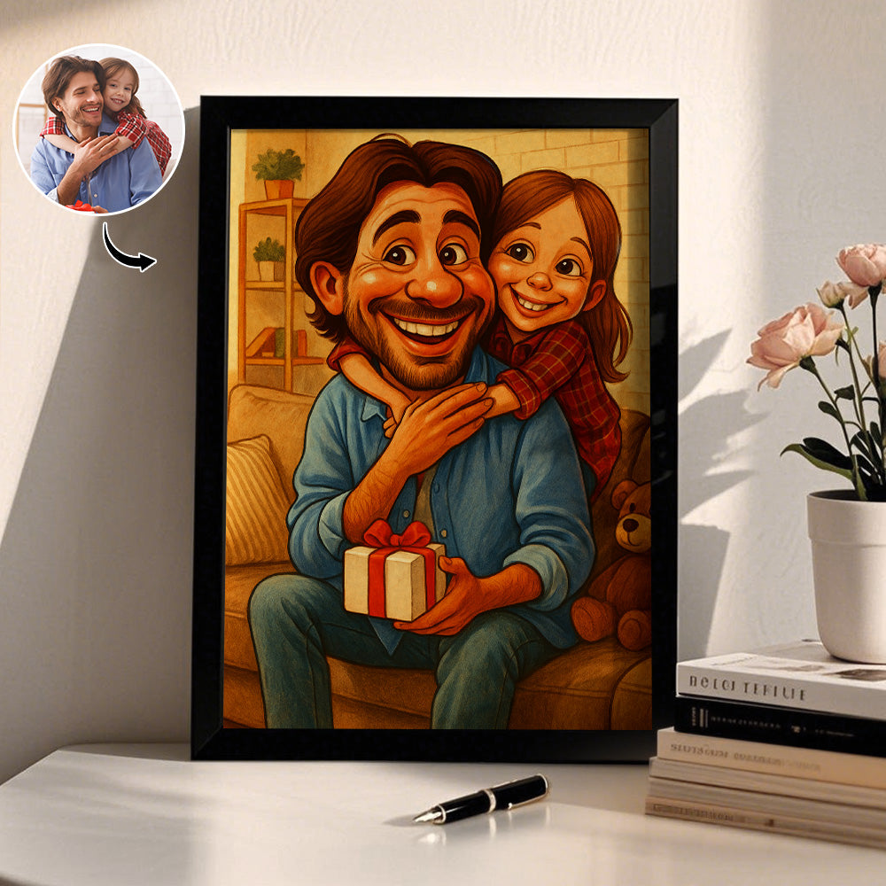 Front view of a personalised caricature photo frame with a bespoke head caricature on copper paper in a wooden frame — a funny custom face gift, ideal for personalised gifts in Australia and the UK