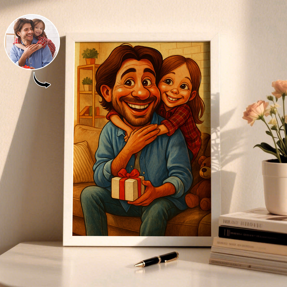 Angled close-up of the wooden personalised caricature photo frame showing the single copper paper print and optional engraved custom text — perfect custom face gift for birthdays and anniversaries in AU & UK