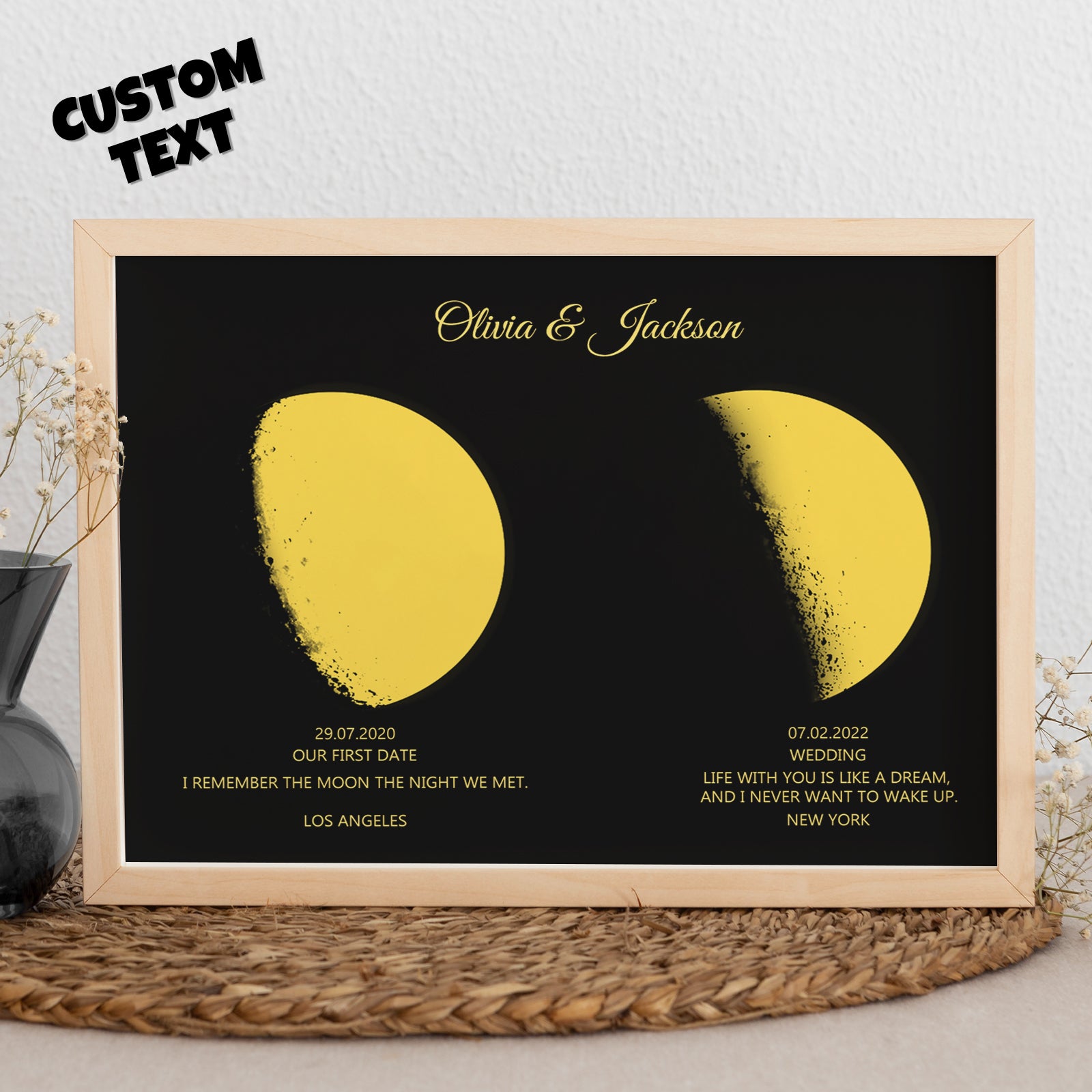Personalised Moon Phase and Names Wooden Frame | Custom Gold Moon Gift