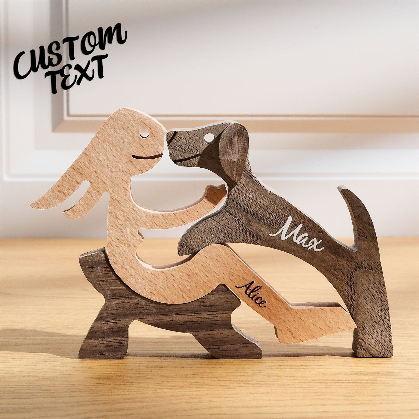 Personalised wooden pet carving block displayed on a shelf with decorative accents — thoughtful personalised pet memorial gift