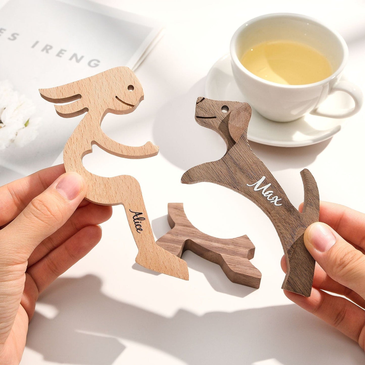 Side view of personalised wooden pet carving block on a mantelpiece — compact memorial keepsake with custom engraving