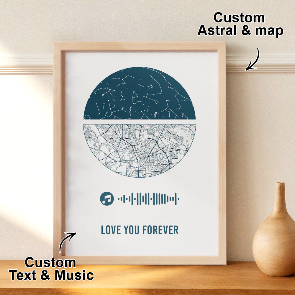 Personalised Music Frame with Custom Night Sky & Map - Unique Wedding & Anniversary Gift