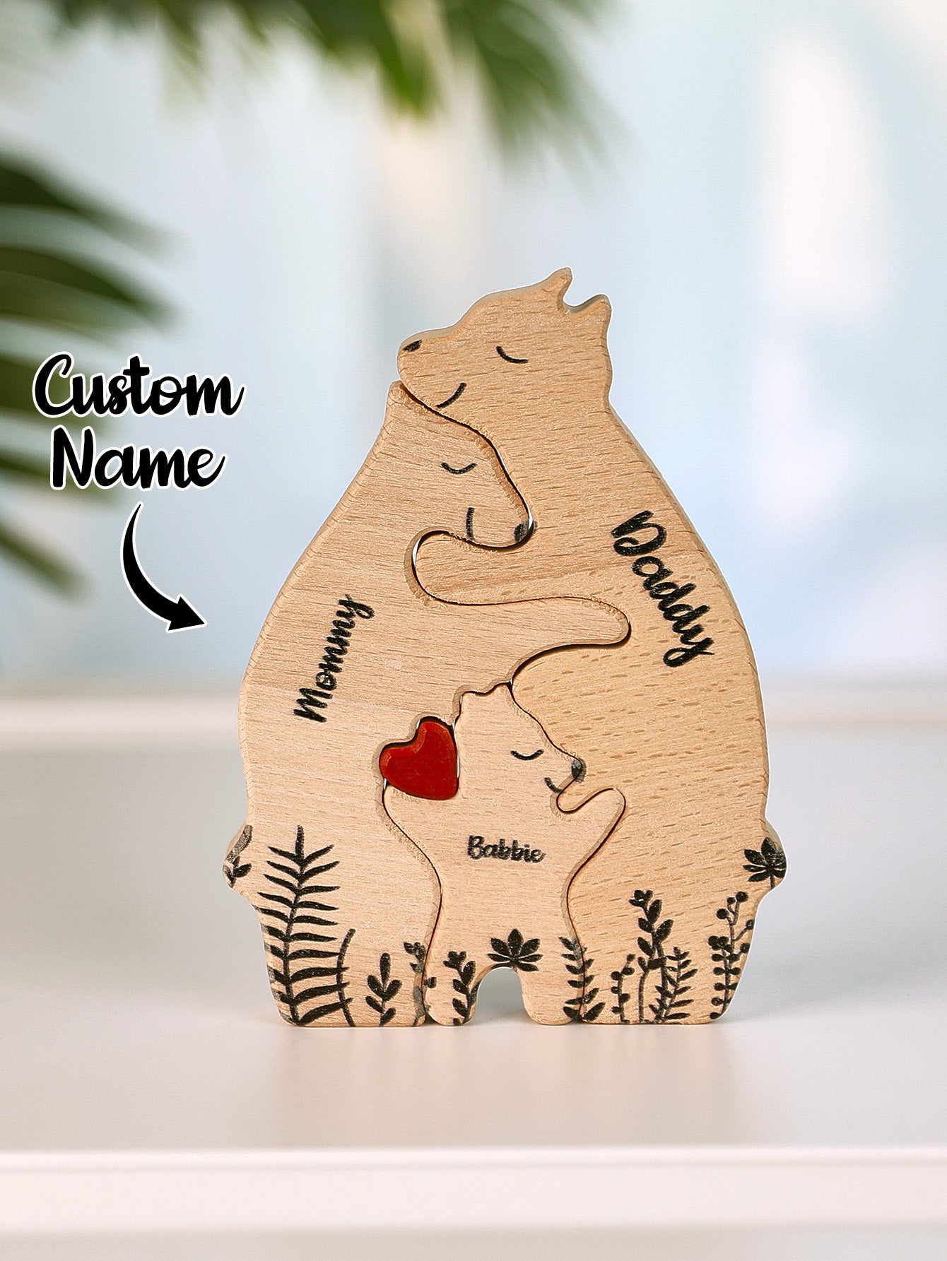 Laser-cut detail of personalised wooden heart bear puzzle edge and engraved name – high-quality natural wood finish