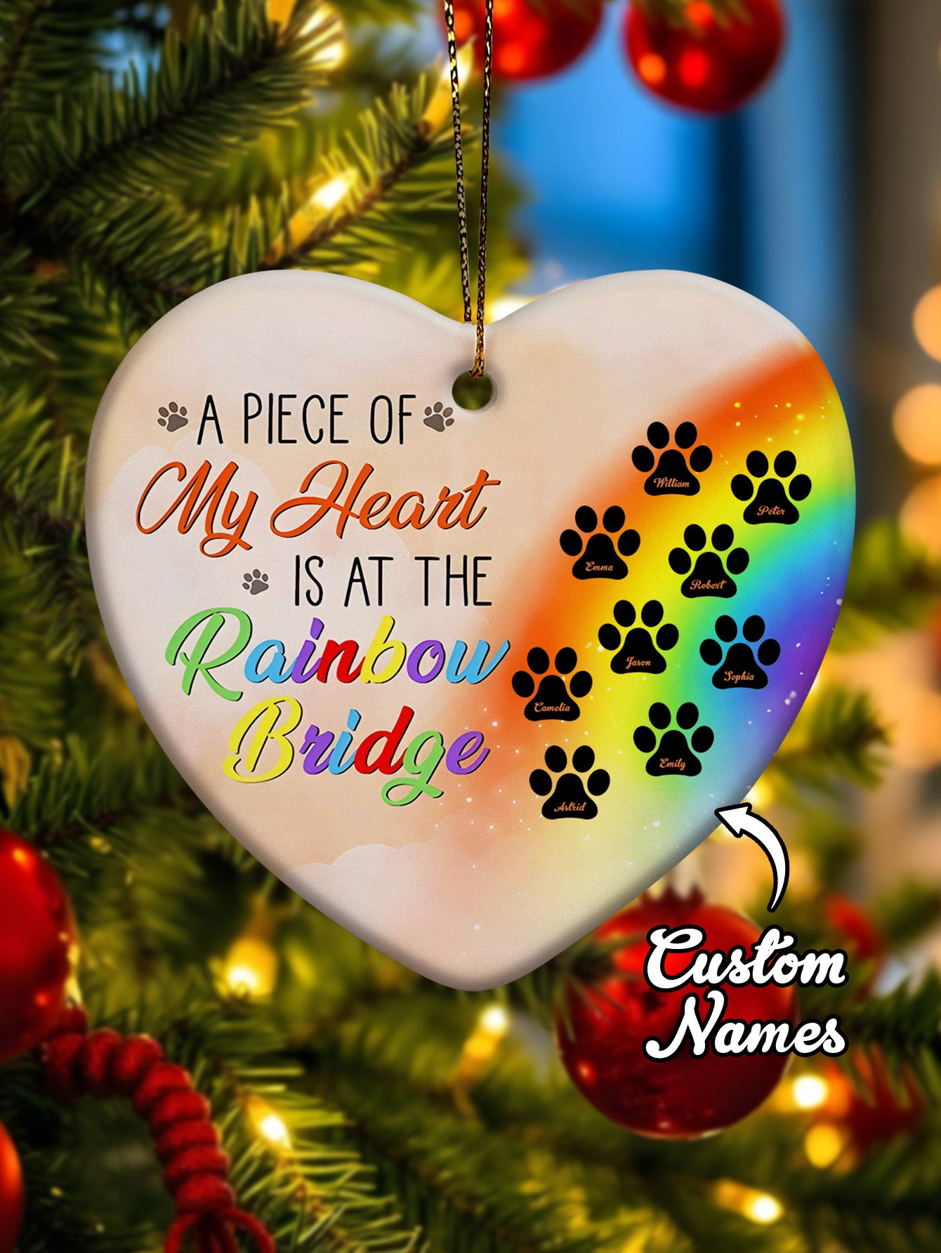 Personalised Heart Pet Memorial Ornament - A Piece of My Heart Is At The Rainbow Bridge Gift