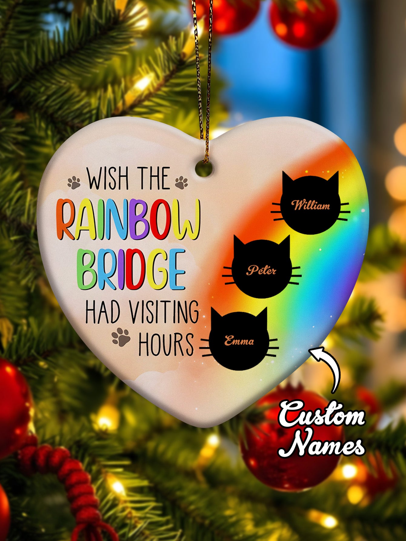 Personalised Heart Cat Memorial Ornament - Rainbow Bridge Visiting Hours Keepsake