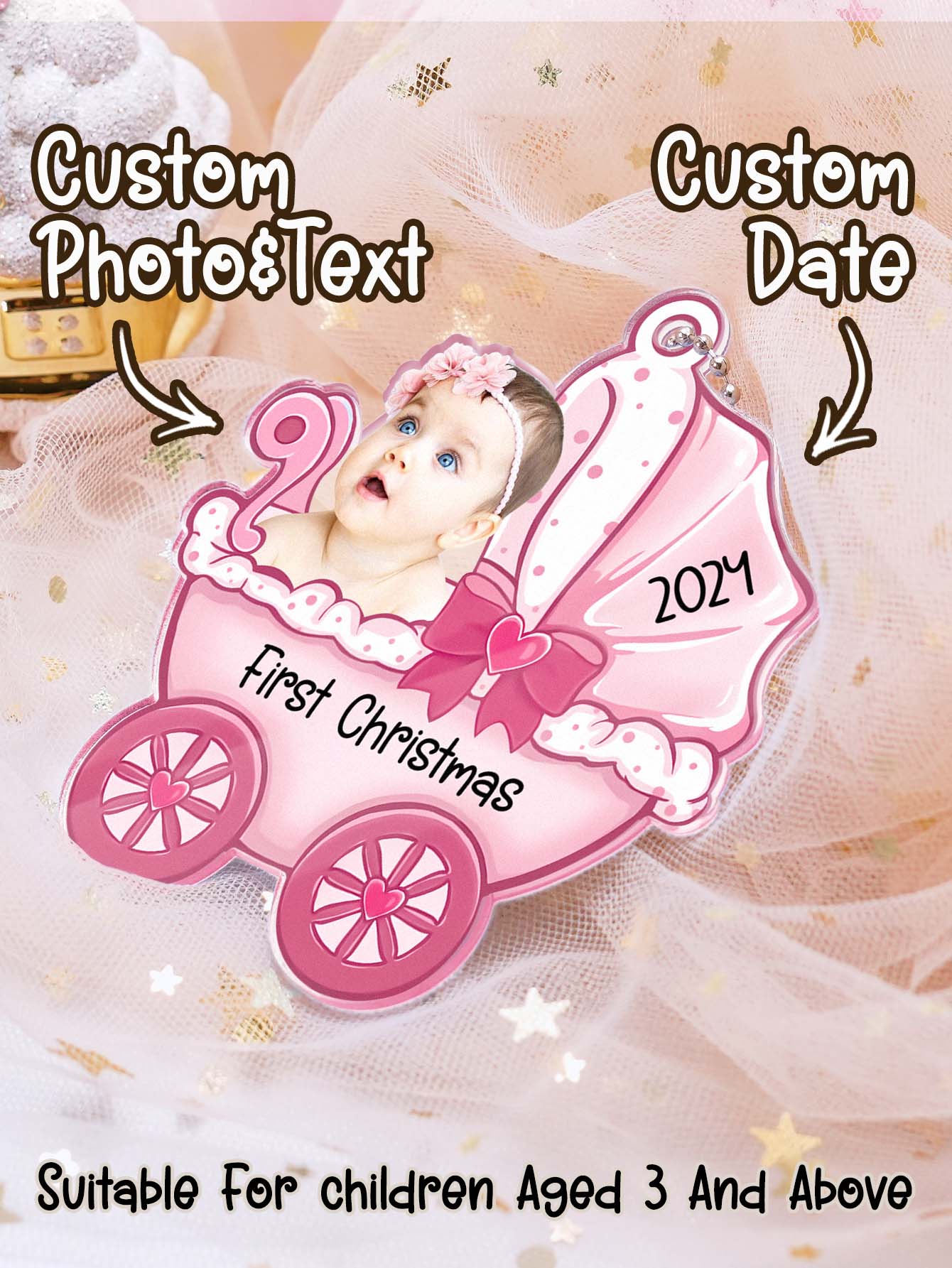 Personalised Baby Carriage Christmas Ornament with Photo - Acrylic Keepsake Gift