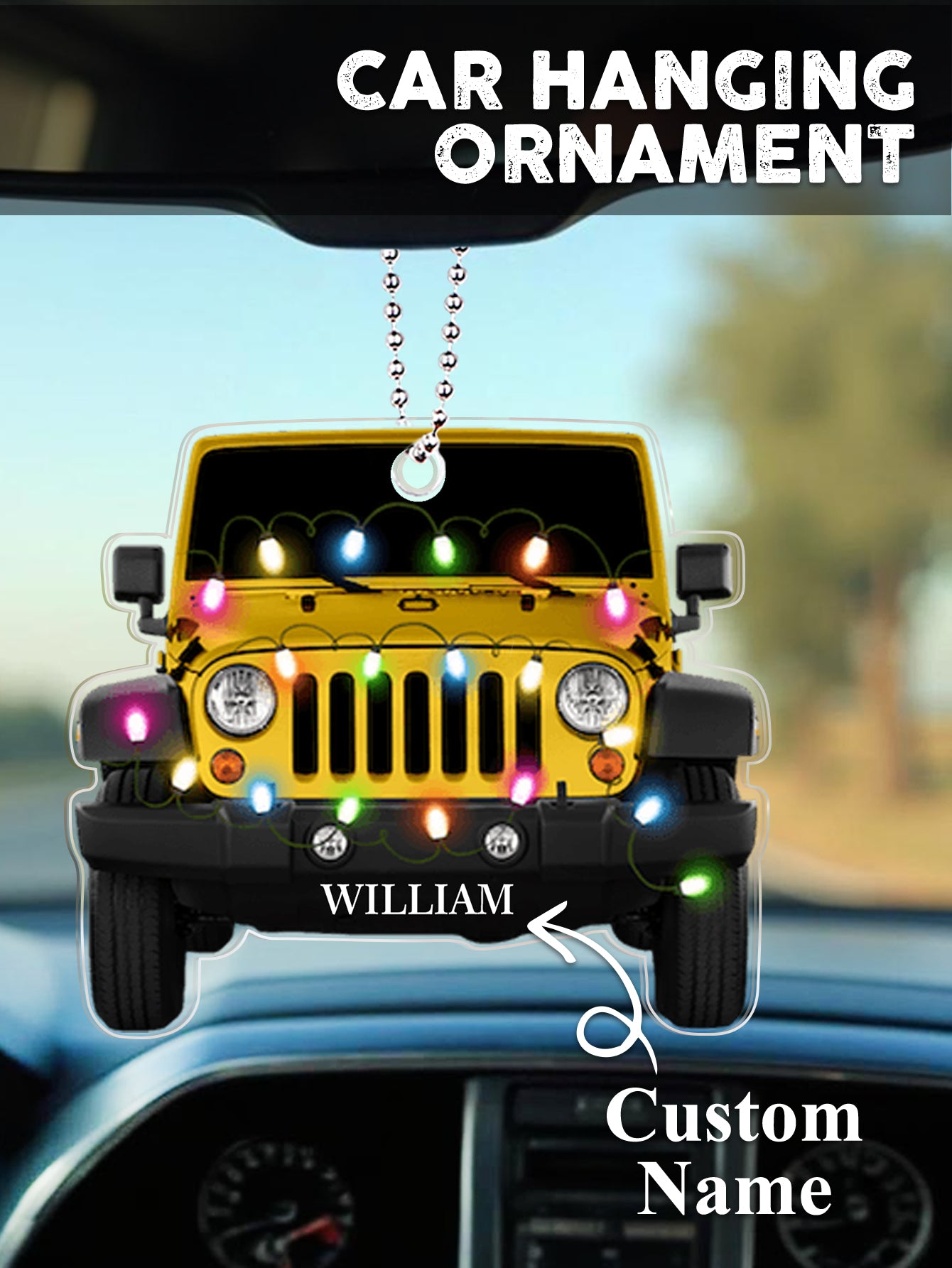 Personalised acrylic car ornament photographed on a festive background, engraved name clearly visible — unique Christmas gift for car lovers